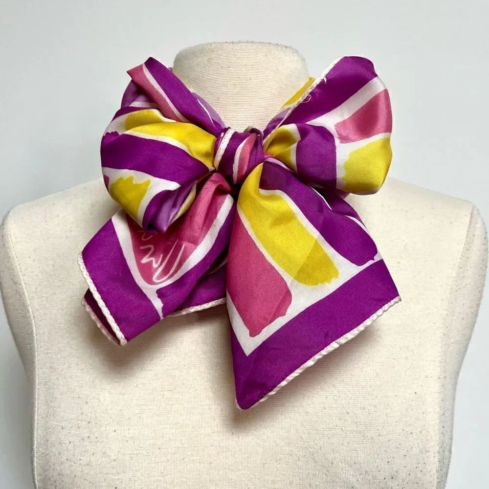 True 1970s Vera Neumann Vivid Purple Pink Yellow Abstract Print Hippie Scarf